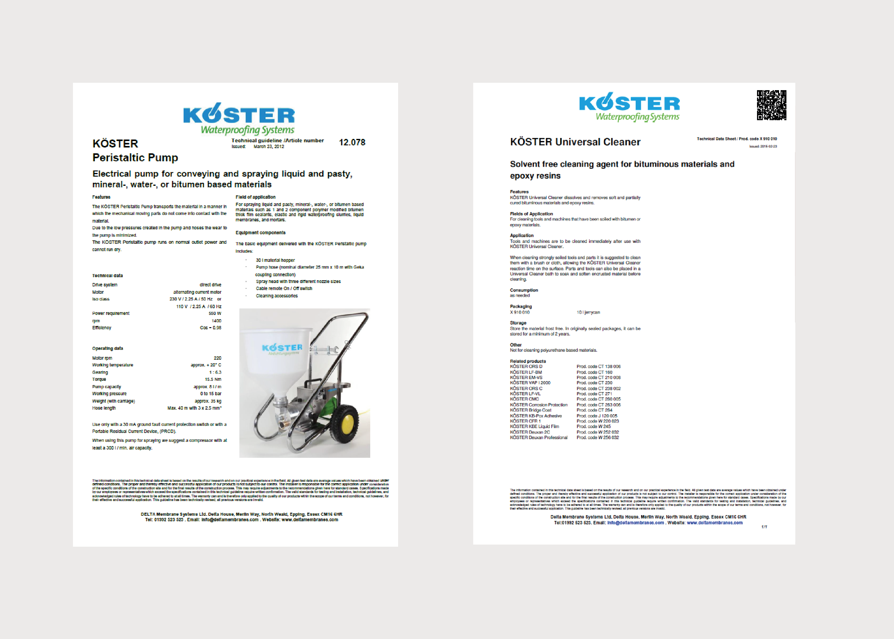 Koster Accessory Product Data Sheets