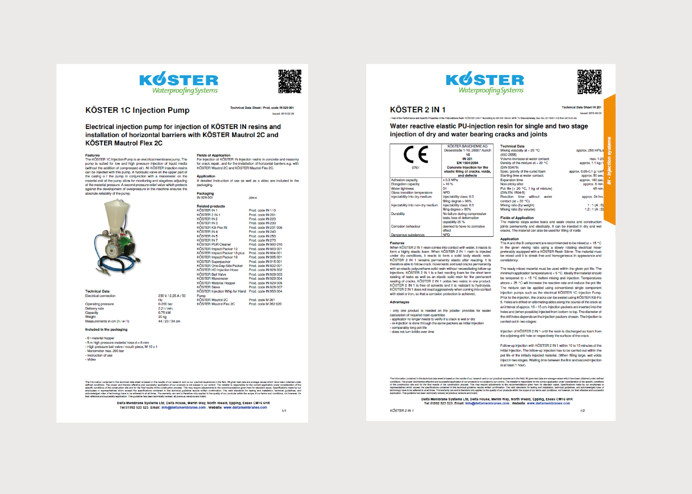 Koster Injection Systems Product Data Sheets
