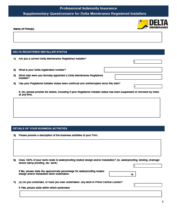 Delta Registered Installer PI Supplementary Questionnaire 
